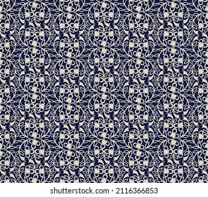 Seamless blue background with beige pattern in baroque style. Vector retro illustration. Ideal for printing on fabric or paper for wallpapers, textile, wrapping. 