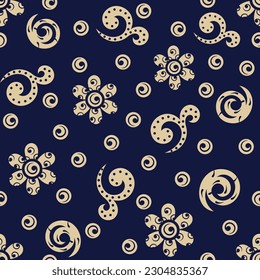 Seamless blue background with beige pattern in baroque style. Vector retro illustration. Ideal for printing on fabric or paper for wallpapers, textile, wrapping. 