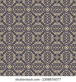 Seamless blue background with beige pattern in baroque style. Vector retro illustration. Ideal for printing on fabric or paper for wallpapers, textile, wrapping. 