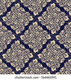 Seamless blue background with beige pattern in baroque style. Vector retro illustration. Ideal for printing on fabric or paper.