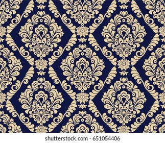 Seamless blue background with beige pattern in baroque style. Vector retro illustration. Ideal for printing on fabric or paper.