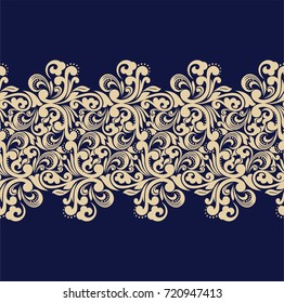 Seamless blue background with beige pattern in baroque style. Vector retro illustration. Ideal for printing on fabric or paper.