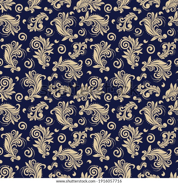 Seamless blue background with beige\
pattern in baroque style. Vector retro illustration. Ideal for\
printing on fabric or paper for wallpapers, textile, wrapping.\
