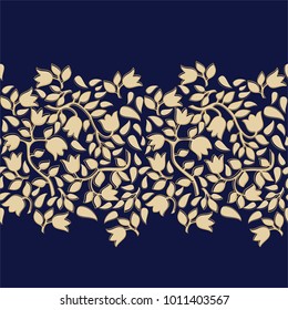 Seamless blue background with beige tulips pattern. Ideal for printing on fabric or paper. Vector illustration.