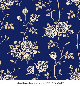 Seamless blue background with branches of roses. Vector floral pattern for wallpaper, fabric, gift wrap, digital paper, fills, etc.