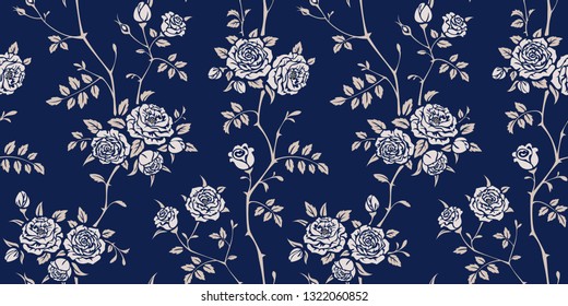 Seamless blue background with branches of roses. Floral pattern for wallpaper, fabric, gift wrap, digital paper, fills, etc.