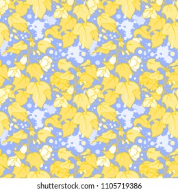 seamless blue background with bright leaves and flowers
