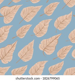 Seamless blue background with brown leaves. Vector image. Idea for wallpapers, textiles, fabrics, wrapping paper.