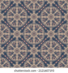 Fondo azul transparente, adornado con manteles marrones y claros, de estilo oriental. Ideal para imprimir en tela o papel para el embalaje textil. Ilustración vectorial.