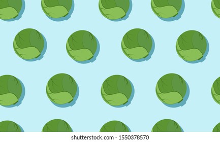 Seamless blue background with brussels sprout with shadow. Vector vegetables illustration design for template.