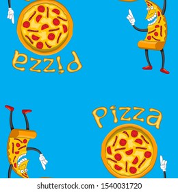 Seamless blue background with cheerful character piece of pizza and a large pizza with the signature. Vector image. eps 10