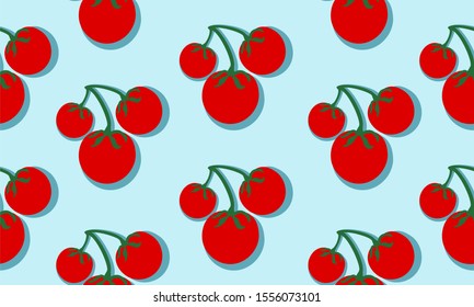 Seamless blue background with cherry tomatoes with shadow. Vector illustration design with vegetables for template.