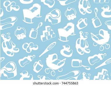 Seamless blue background with children symbols. Vector illustration