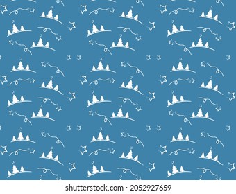 Seamless blue background with Christmas tree and stars pattern. Vector illustration for wrapping paper.