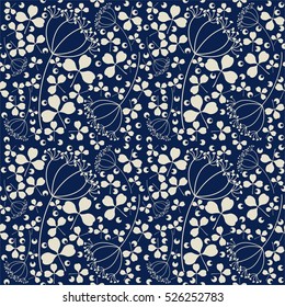 Seamless blue background with clover leaves, dill and currant.