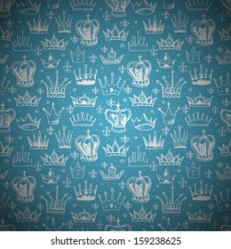 Seamless blue background with crowns. Can be used for wallpaper, pattern fills, textile, web page background, surface textures. Vector illustration. 
