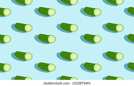 Seamless blue background with cucumbers with shadow. Vector  illustration design with vegetables for template.