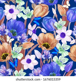 Fondo azul transparente de daffodils, narcisos, alstroemeria, lirios y tulipanes. D e corative g tarjeta de reventa , feliz cumpleaños, boda, banner publicitario, ventas, descuentos, etiquetas, telas