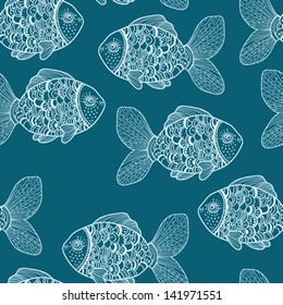 Seamless blue background with fish for Design, vector