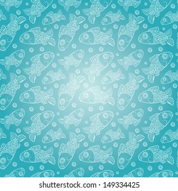 Seamless blue background with fishes, vector