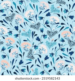 Seamless blue background with flowers: bells, petals, leaves, natural elements with wild flowers. Vector illustration