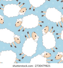 Nahtloser blauer Hintergrund mit lustigen weißen Schafen. Kinderzimmer Hintergrunddesign für Drucke, Stoff, Textil, Tapete, Umhüllungspapier. Vektorgrafik..