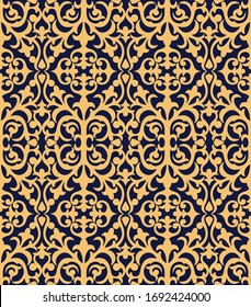 Seamless blue background with gold pattern in baroque style. Vector retro illustration. Islam, Arabic, Indian, ottoman motifs. Perfect for printing on fabric or paper.