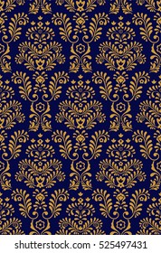 Seamless blue background with gold pattern in baroque style.