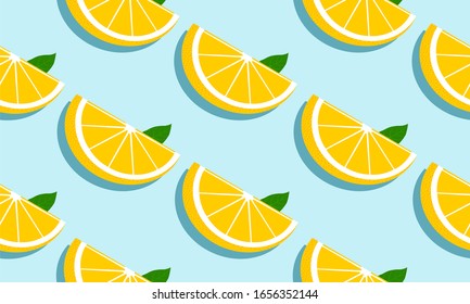 Seamless blue background with grapefruit slices and leaves with shadow. Vector fruit design for pattern or template.