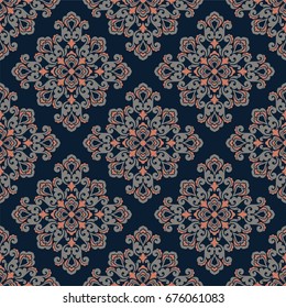 Seamless blue background with grey and terracotta pattern in baroque style. Vector retro illustration. Ideal for printing on fabric or paper.