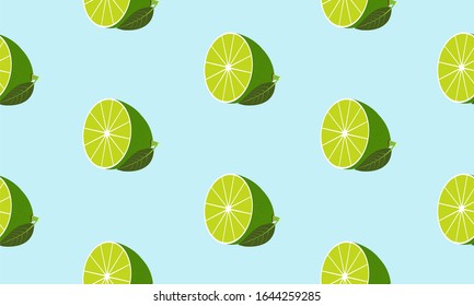 Seamless blue background with halves lime with leaf. Vector fruit design for pattern or template.