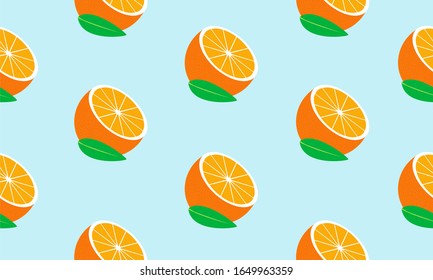 Seamless blue background with halves orange with leaf. Vector fruit design for pattern or template.