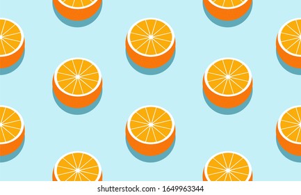 Seamless blue background with halves oranges with shadow. Vector fruit design for pattern or template.