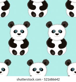 Seamless blue background with the image of cute funny Panda. Vector illustration. Good background for textile, fabric, wrapping paper.