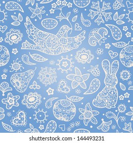 Seamless blue background with lacy flowers, bird, apple, bunny. Vector pattern