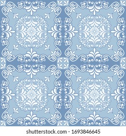 Seamless blue background with light pattern in baroque style. Vector retro illustration. Ideal for printing on fabric or paper for wallpapers, textile, wrapping. 