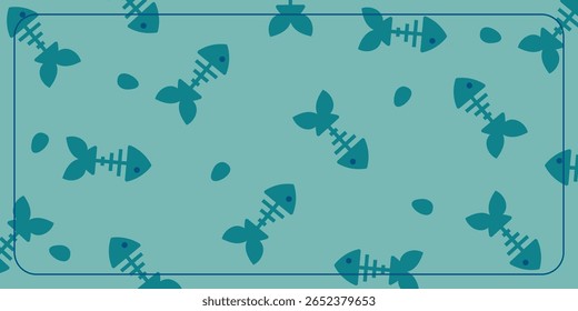 A seamless blue background with a nautical pattern and fishbone icons. This design is suitable for banners, posters, greeting cards, and social media.