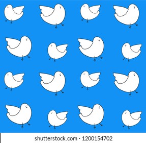 Seamless blue background on white hand drawn bird vector pattern