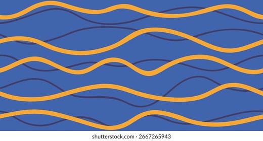 Fondo azul sin fisuras con líneas onduladas naranjas, patrón abstracto moderno para el embalaje y diseño digital