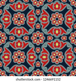 Seamless blue background with pattern in baroque style. Vector retro illustration. Islam, Arabic, Indian, ottoman motifs. Perfect for printing on fabric or paper.