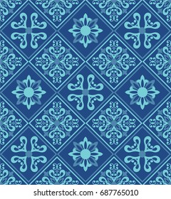 Seamless blue background with pattern in baroque style. Vector retro illustration. Ideal for printing on fabric or paper.