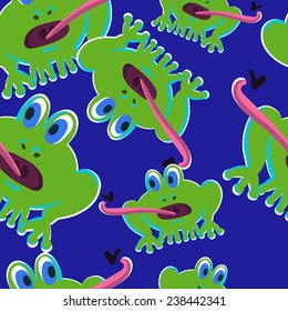 Seamless blue background with a pattern of cartoon green frogs that prey on flies