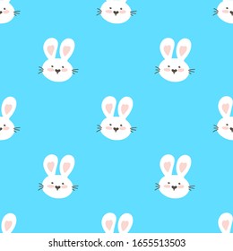 Nahtloser blauer Hintergrund mit Kaninchen für die Gestaltung von Karten, Ostergrüße, Textilien, Web.