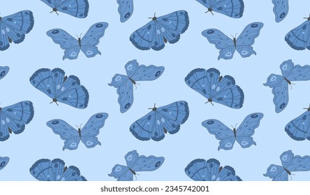 Seamless blue background of realistic butterflies on sky blue field. Whimsical hand-drawn vector pattern with butterflies.