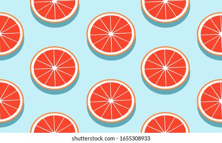 Seamless blue background with red grapefruit slices with shadow. Vector illustration design for greeting card or template.