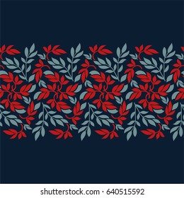 Seamless blue background with red and grey leaves, design for packaging in trendy linear style. Ideal for printing on fabric or paper. Vector illustration. 