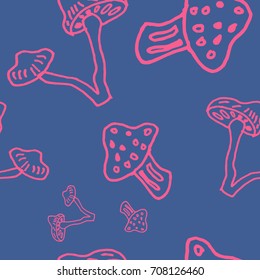 Seamless blue background and red hand drawn mushrooms vector pattern