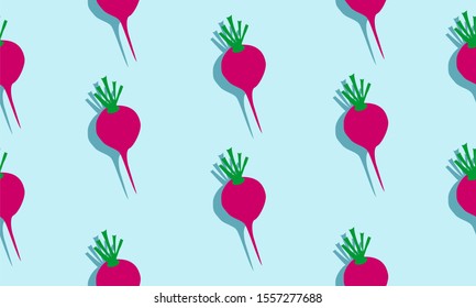 Seamless blue background with red radishes with shadow. Vector  illustration design with vegetables for template.