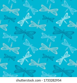 Nahtlos blauer Hintergrund mit Rosen und Libellen. Sommer, Frühjahr doodling für Werbung, Scrapbooking, Bücher, Kleidung, Bettwäsche. Vektor-Abbildung