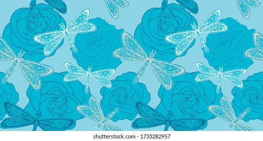 Seamless blue background with roses and dragonflies. Summer, spring doodling for advertising, scrapbooking, books, clothing, bed linen. Vector illustration